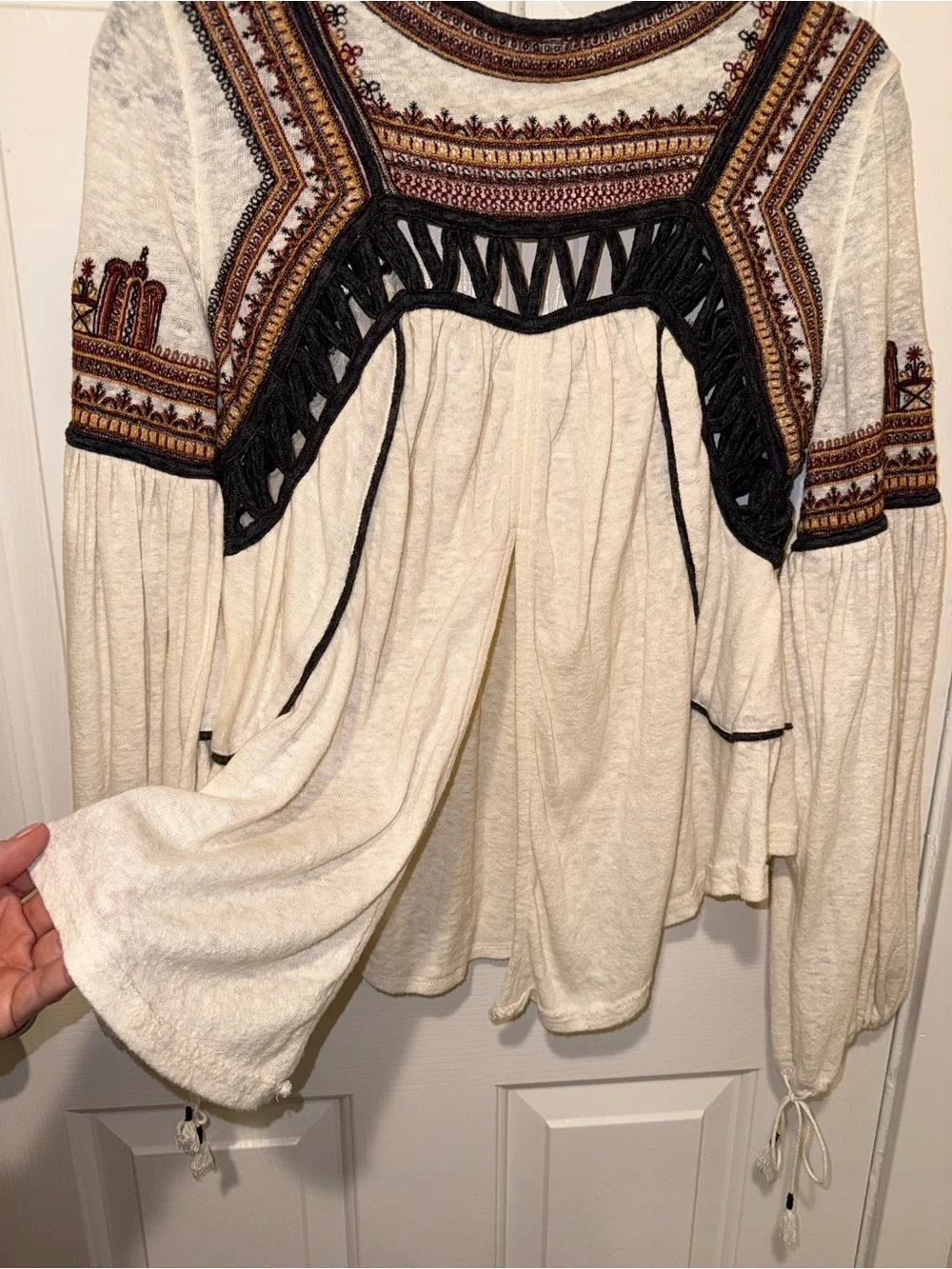 Free People Cream Snow Kisses - Boho Embroidered Tunic with Black Trim - Picture 9 of 16